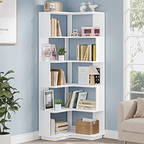 Tribesigns 6-Tier Corner Bookshelf, 64.9 Inches Tall Corner Book Shelf with Anti-Drop Panel, Modern Bookcase with Storage, Wood Display Shelving Unit for Home Office, Living Room, White