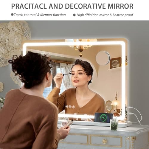 Hasipu Vanity Mirror with Lights, 31.5" x 22" LED Makeup Mirror, Lighted Makeup Mirror with Dimmable 3 Modes, Touch Screen Control Vanity Mirror Round White 7