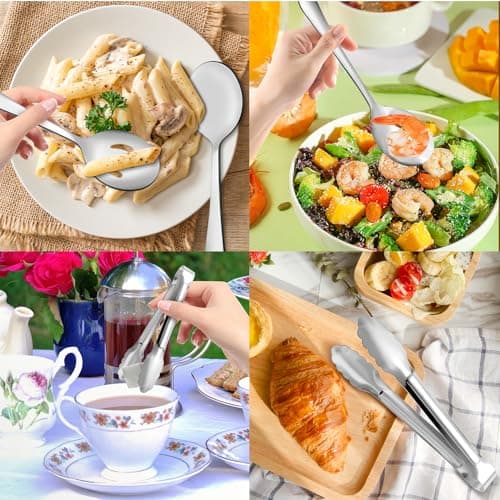 12PCS Stainless Steel Serving Utensils Sets - Large Serving Spoons,Slotted Spoons,Serving Tongs,Appetizer Tongs,Utensills Sets for Buffet Catering Banquet Party (Silver) 5