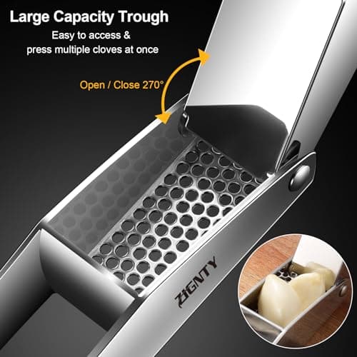 ZIGNTY Garlic Press Stainless Steel，Premium Garlic Mincer Tool，No Need to Peel Garlic Ginger Crusher & Masher Easy Squeeze Large Trough Ergonomic Handle，Rust Proof，Dishwasher Safe (5 Years Warranty) 5