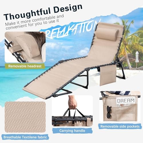 Greesum Chaise Lounge Folding Tanning Chair with 5 Position Adjustable Back, Detachable Pillow & Pocket Outside Pool, Beach, Sunbathing, Beige 7