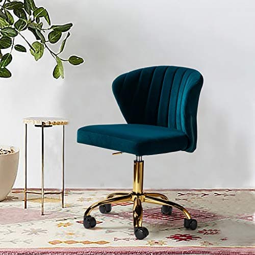 TINA'S HOME Office Desk Chairs with Wheels & Gold Base, Modern Velvet Cute Armless Office Chair, Adjustable Low Back Swivel Rolling Chair, Upholstered Task Chair for Living Room Vanity Study-Teal 7