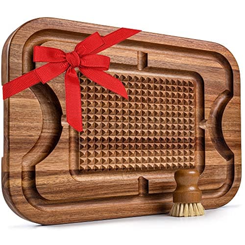 Large Acacia Wood Cutting Board | Premium Butcher Block for Carving Meat w/Deep Juice Grooves, Non Slip Spikes, Reversible Design for Slicing, Chopping & Serving | Christmas Holiday Gift | 12x16x1.5"