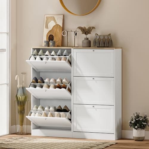HOMCOM Shoe Storage Cabinet with 3 Flip Drawers, Wooden Freestanding Shoe Organizer with Adjustable Shelves for Entryway, Hallway, White 8