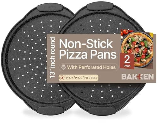 Bakken Pizza Baking Pan - Round Perforated Carbon Steel Pan with Non-Stick Marble Coating, Oversized Silicone Handle, Dishwasher Safe, High-Temperature Resistant, Durable & Easy Cleanup Gray, 2 Pack