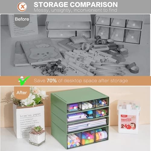FODIENS Desk Storage Organizer with 9 Drawers, 4 Tiers Stackable Desktop Craft Storage Drawers, Clear Storage Box Caddy for Stationary Makeup Jewelry Office Craft Supplies (Green) 6