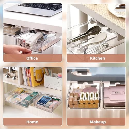 2 Pack Under Desk Storage Drawers Slide Out-Drill-On or Self-Adhesive,Large&Medium Drawer Under Desk Organizer Under Table Drawer for Home Office School Organization and Storage 6
