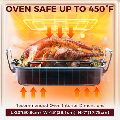 HONGBAKE Nonstick Turkey Roasting Pan with Rack - 18.7×13.6 Inch Extra Large Roaster Pan for 25 lb Chicken, Deep Turkey Tray for Oven, U-Shaped Rack, Wider Handles, Heavy Duty, Non Toxic, Grey 8