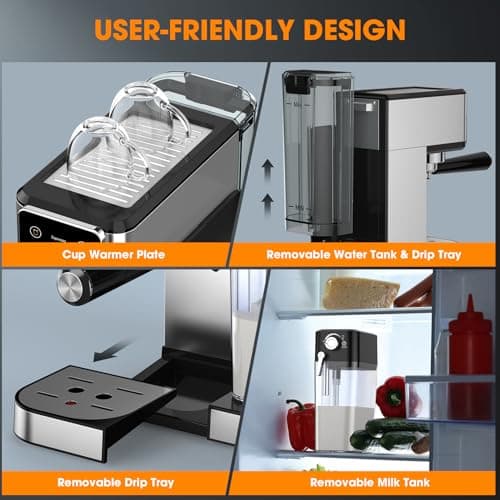 TENKER Espresso Machine, 20 Bar Cappuccino Machine with Automatic Milk Frother, 3-in-1 Coffee Machine, 1350W Dual Boiler Latte Maker, Touchscreen Espresso Coffee Maker, Stainless Steel 7