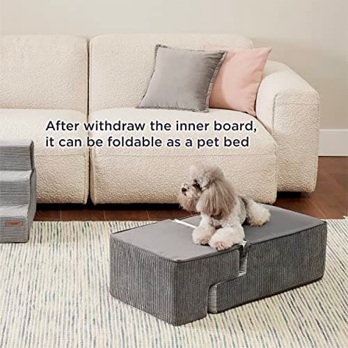 Lesure Dog Stairs for Small Dogs and Cats Foldable Pet Steps for High Beds and Couch with CertiPUR-US Certified Foam and Non-Slip Bottom, Grey, 4 Steps 8