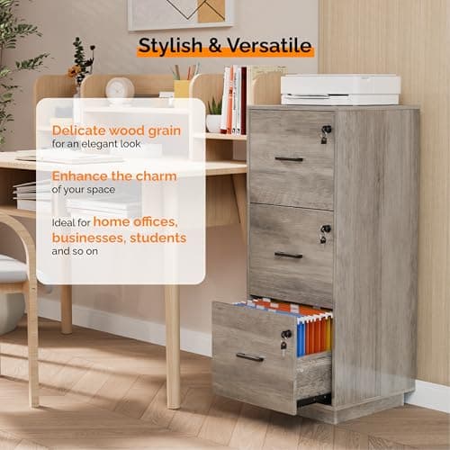 VINGLI 3 Drawer File Cabinet with Lock, Home Office Filing Organizer, for Letter Size File Folder Storage, Wood Tall Vertical Filing Cabinet, Printer Stand, Archivador (Rustic Gray) 6