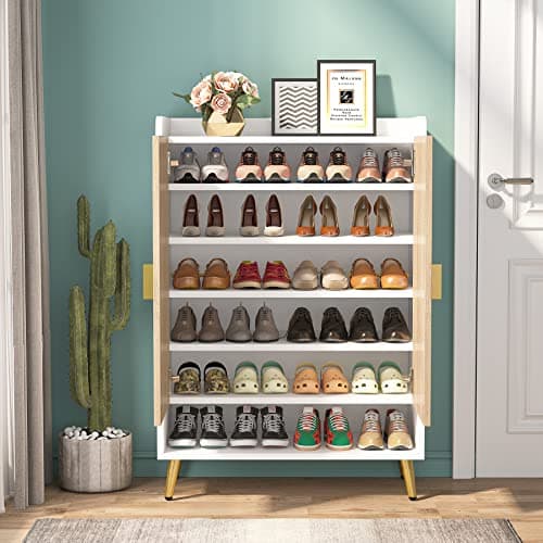 Tribesigns Shoe Cabinet with Doors, 7-Tier Shoe Storage Cabinet with Adjustable Shelves, Wooden Shoes Rack Shoe Storage Organizer for Entryway, Hallway, Closet, Living Room, Wood and Gold 5