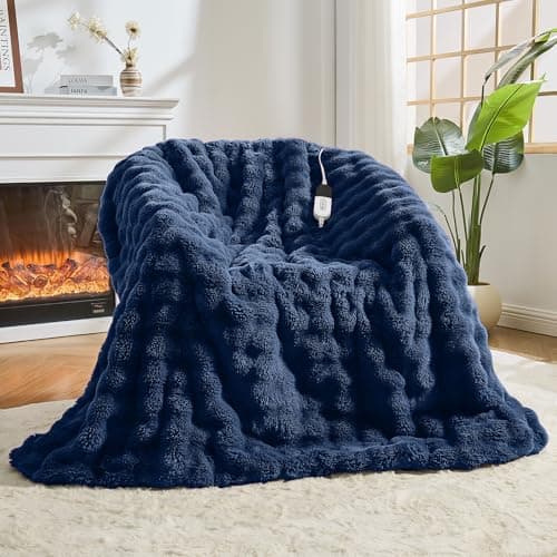 Easthome Heated Blanket Electric Throw Blanket 50''X 60''-Heating Blanket with 6 Heat Settings-4 Hours Auto Off,Cozy Faux Rabbit Fur Bubble Electric Blanket,Navy Blue