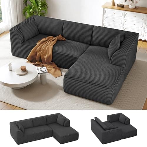 Vesgantti 106" Modular Sectional Sofa with Chaise, Deep Seat Comfy Cloud Couch Corduroy L Shaped Sofa Sectional Couches for Living Room Bedroom, No Assembly Required (Grey, Right-Facing Chaise)