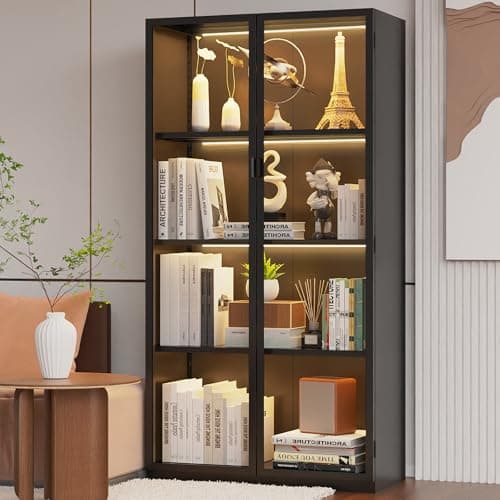 Kelueo 63" H Display Cabinet with Glass Doors,Tall Display Cabinet with LED Lights,Display Case for Collectibles,Glass Display Cabinets with 3 Adjustable Shelves for Living Room,Bedroom,Office