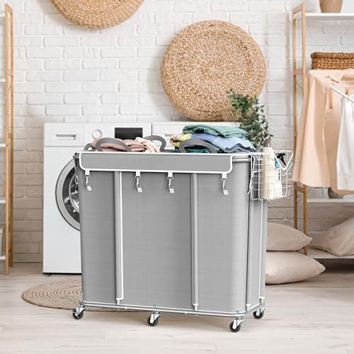 Simple Houseware Extra Large 2 Section Rolling Laundry Cart 265L (70 Gal) – Heavy Duty Hamper with 2 Removable Bags & 6 Smooth Wheels – Commercial Laundry Organizer for Home, Hotel, Dorm, Gym, Gray 6