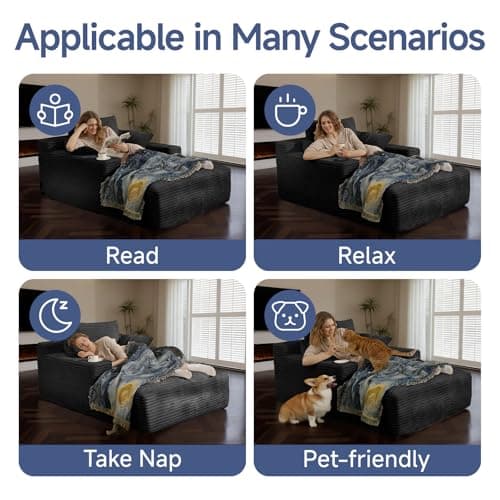 68" Chaise Lounge Chair Indoor, Corduroy Upholstered Boneless Sofa Bed, Deep Seat Sleeper Couch Reading Chairs, Oversized Comfy Cloud Sofas Couches for Living Room, Bedroom (Black, Oversized) 6