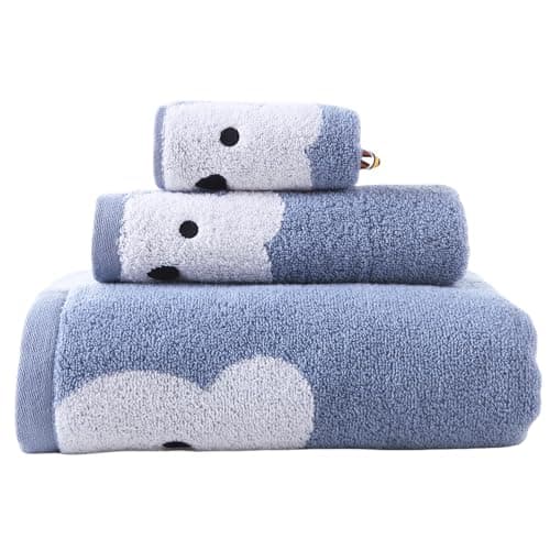 KINGSHORE 3 Piece Premium Bath Towel Set for Kids(Naughty Bear), 1 Bath Towel 1 Hand Towel 1 Washcloth, Quick-Drying, 100% Cotton，Oeko-TEX Certified (Blue)