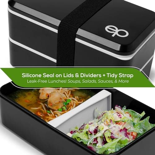 Stackable Bento Lunch Box for Adults with Utensils - Leakproof Bento Box Adult Lunch Box Containers w/ Compartments & Dividers, BPA-Free, Microwave/Dishwasher Safe, 5" x 7" x 4.5", Black w/ Strap 6
