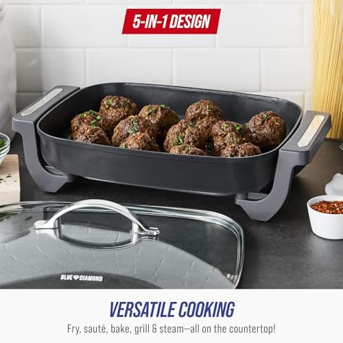 Blue Diamond 7QT 5-in-1 Extra Large Electric Skillet, Healthy Ceramic Nonstick Interior, Non-Toxic PFAS-Free, Temperature Control, Stay Cool Handles, Easy Clean, Graphite 7