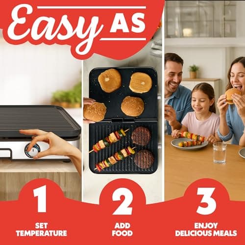 Gourmia 3-in-1 Indoor Grill & Griddle Electric Combo – Dual Independent Cooking Zones, Reversible Nonstick Ceramic Plates, XL Cooking Surface, 250–400°F Adjustable Temp, Dishwasher Safe 10
