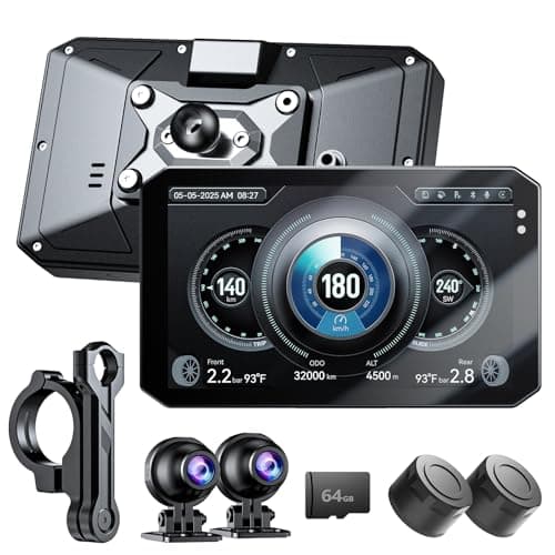 YESOK 5" Motorcycle Dash Cam Front and Rear with TPMS Tire Sensor 1080P+1080P Motorcycle Camera,CarPlay & Android Auto,Featuring IP67 Waterproof,Night Vision,GPS&Parking Monitoring,5G Wi-Fi,64GB Card