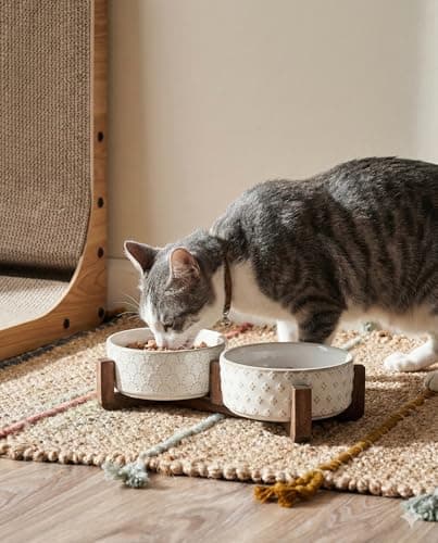 LE TAUCI Dog Bowl Set with Acacia Wood Stand - 1.5-Cup Ceramic Puppy Bowls for Small Dogs, Dual Food and Water Bowls with Weighted Non-Slip Base 6