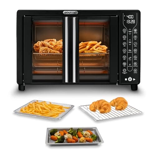 Gourmia French Door Air Fryer – 25 Qt Large Capacity Convection Oven, Fryforce 360°, Digital Display with 17 Cooking Presets, Bake, Toast, Roast, Dehydrate, Fits 12” Pizza
