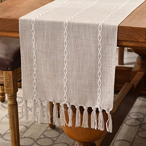 Wracra Rustic Linen Table Runner Farmhouse Style Table Runners 72 inches Long Embroidered Fall Table Runner with Hand-Tassels for Party, Dresser and Dining Room Decorations(Light Coffee, 13"×72")