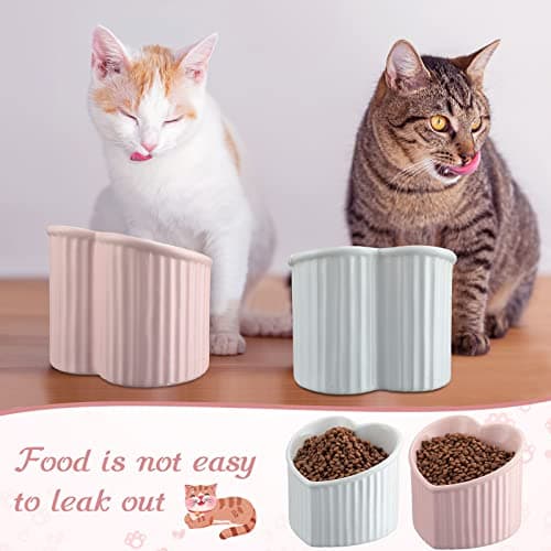 Mumufy 2 Pcs Ceramic Elevated Cat Bowls Tilted Elevated Raised Pet Bowls Anti Vomit Cat Dish for Indoor Stress Free Water Dish Feeder for Puppies, Heart Shaped(Pink, White) 6