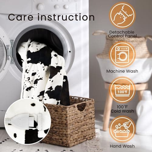 blunique Heated Blanket King Blanket - Fast Heating Electric Blanket, Soft Flannel Heated King with 4 Time Settings,10 Heating Settings, Warm Gifts for Women & Mom & Grandma(90"x100"Cow Print White) 6