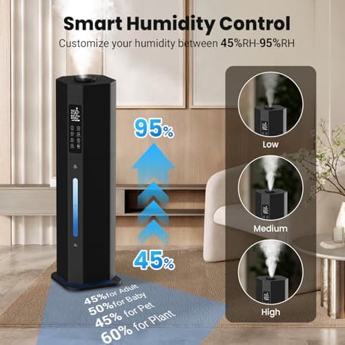 Humidifiers for Bedroom - GloryAir 2.38Gal/9L Top Fill Warm & Cool Mist Humidifier for Large Room 750ft² with Auto Mode 7-Color Light, Humidistat, Quiet Humidifier for Plants Baby Adults Home & Office 7