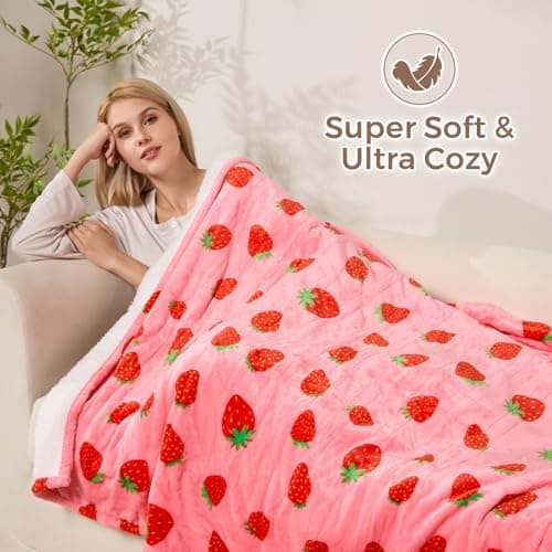 Electric Blanket Heated Throw, Soft Flannel & Sherpa Heating Blanket Throw with 6 Heating Levels & 12hrs Auto Off, Machine Washable, ETL Certified, Home Office Use, 50x60 Inch, Strawberry Red 6
