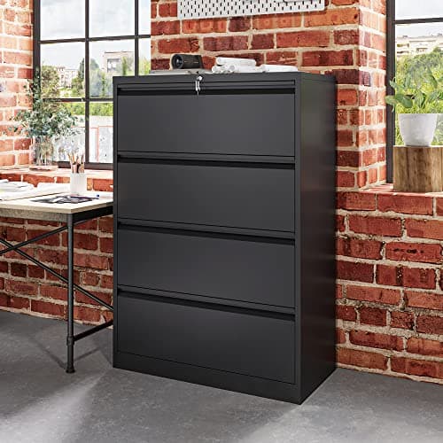 YITAHOME 4 Drawer Metal Lateral Filing Cabinet, Stainless Steel Wide Lateral File Cabinet with Lock for Legal/Letter A4 Size, Assembly Required，Office Organizer Storage Cabinet, Black