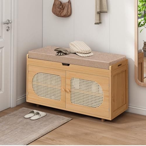 PETKABOO Rattan Shoe Storage Bench,Bamboo Entryway Bench, 2-Tier Shoe Rack,35.4" W x 12.6" D x 19.7" H with 2 Doors & Padded Seat Cushion for Entryway, Living Room, Bedroom, Natural 8
