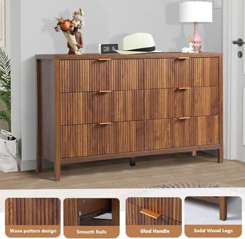 6 Drawer Dresser Cabinet, Long Nightstand with Drawers and Storage Cabinet, Farmhouse Solid Wood Dresser TV Stand, Mid Century Modern Nightstand with 6 Drawer Side Table for Bedroom Closet (Walnut) 4