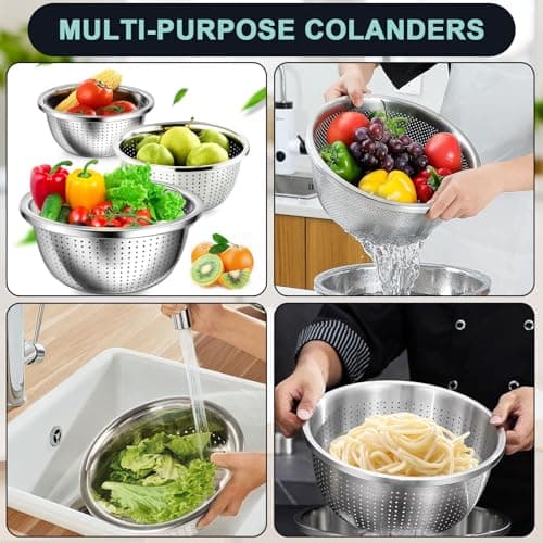 ATPWONZ 4+3 Stainless Steel Colander Set, 4 Sizes (1.8 qt, 2.3 qt, 3 qt, 4 qt) with 1 Mesh Strainer + 2 10-inch Stainless Steel Round Plates, for Washing Rice, Fruits, Vegetables, Draining Pasta, Meat 7