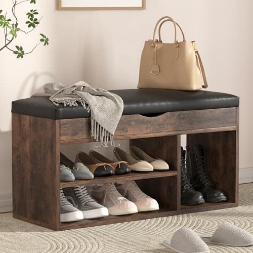 Apicizon 31 Inches Storage Bench with Padded Cushion, Shoe Bench with Storage Space, Upholstered Entryway Bench for Living Room, 2-Tier Shoe Rack Organizer, Brown