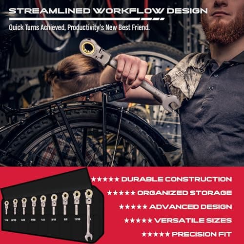 9-Piece SAE Flex-Head Ratcheting Combination Wrench Set - Premium 72-Teeth Gear Chrome Vanadium Nickel Plated with Organizer Bag 7