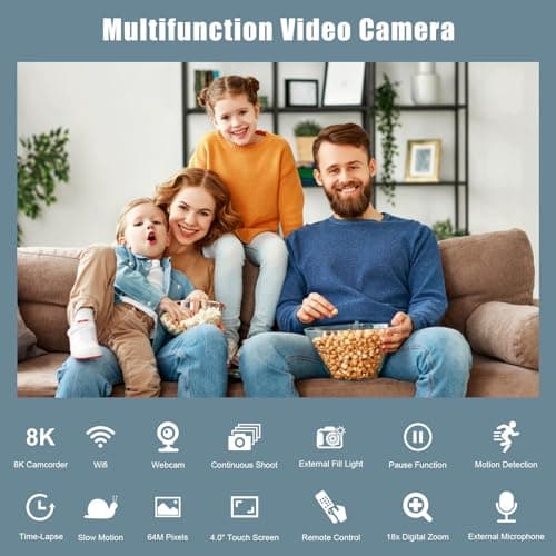 Camcorder Video Camera Ultra 8K 64MP IR Night Vision Vlogging Camera for YouTube 18X Digital Zoom 4.0 Inch Touch Screen Video Camera with WiFi, Microphone, Stabilizer, Remote Control, 64GB SD Card 6