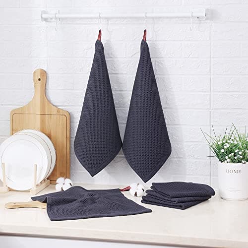 Kitinjoy 100% Cotton Kitchen Dish Cloths (12 X 12 Inches, Dark Grey), 6 Pack Waffle Weave Ultra Soft Absorbent Dish Towels for Drying Dishes Quick Drying Kitchen Towels Dish Rags 6