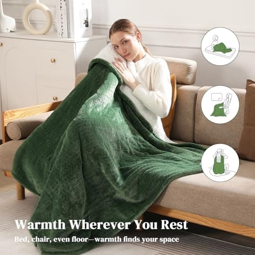 Electric Throw Blanket Heated Throw 50''x60''- Wheat Pattern Flannel & Sherpa Heated Lap Blanket with 5 Heat Settings & 4-Hour Auto Shut-Off, ETL & FCC Certified, Machine Washable Home Use, Green 6