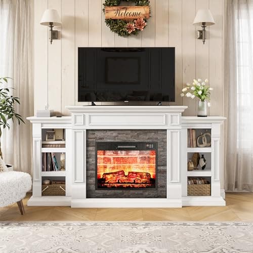 LGHM 72" Electric Fireplace with Mantel, Fireplace TV Stand for TVs Up to 80 Inch, Modern Entertainment Center with Storage, Fireplace Heater Insert with Realistic 3D Flame for Living Room 2