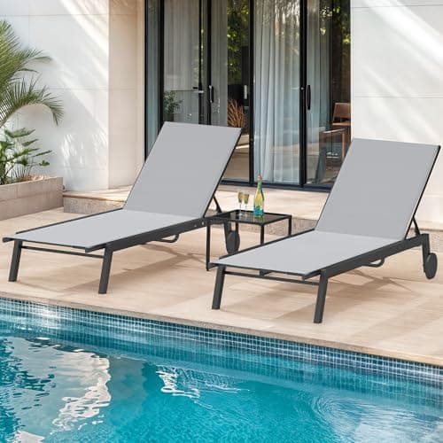 DWVO Outdoor Chaise Lounge Set, 2 Patio Chaise Lounge Chairs with Side Table, Textile Pool Loungers with 5-Level Backrest and Wheels for Beach, Lawn, Porch, Garden (Grey)
