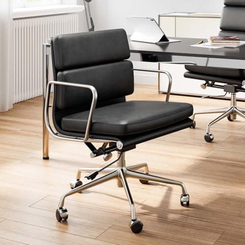 Genuine Leather Office Chair, Padded Executive Desk Chair with Arms and Wheels, Modern Rolling Leather Desk Chairs with Lumbar Support, Ergonomic Computer Chairs with Aluminum Arms and Base
