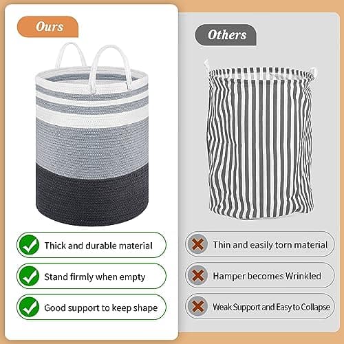 WOWBOX Cotton Rope Laundry Hamper, Large Laundry Basket, Dirty Clothes Storage Basket Laundry Bin for Blanket, Bedroom, Dorm, Towels (Grey, 58L) 5