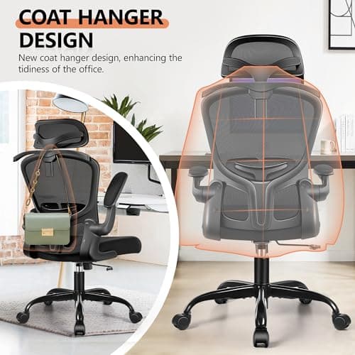 FelixKing Office Chair with Headrest, Ergonomic Desk Chair with Wheels, Task Swivel Comfy Chair with Adjustable Lumbar Support, Breathable Mesh Computer Chair with flip-up Armrests for Home (Black) 5