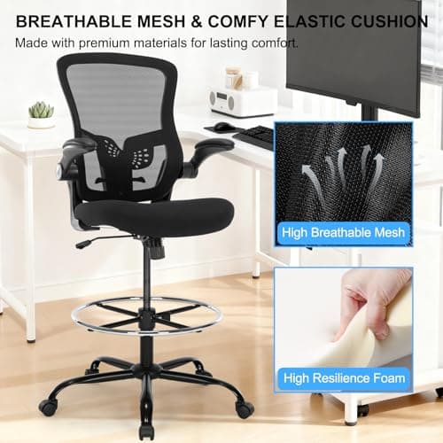 Bondesin Drafting Chair, Ergonomic Tall Office Chair with Lumbar Support Standing Desk Stool with Flip-up Armrests Comfy High Office Desk Chair with Adjustable Foot Ring for Counter Height Desk, Black 8