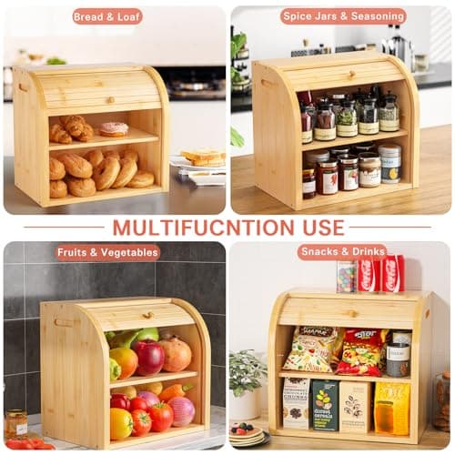 G.a HOMEFAVOR Roll Top Bread Box for Kitchen Counter, Large 2-Tier Bamboo Bread Storage Container, Bread Holder Food Bin for Countertop, Self-Assembly 5