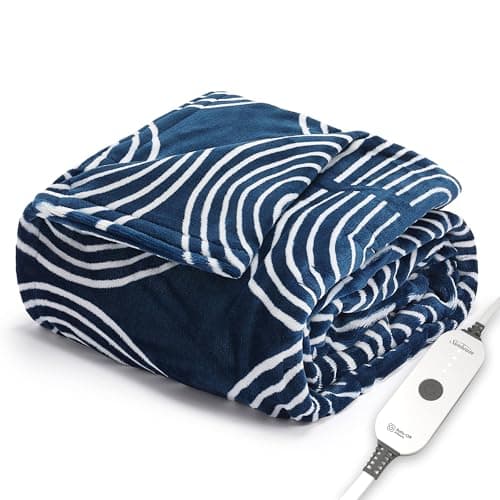 Sunbeam Ultimate Cozy Royal Posh Velvet Hand & Foot Pocket Heated Throw Electric Blanket, 50" x 72", 4 Heat Settings, 4-Hour Auto Shut-Off, Warming Throw for Couch, Machine Washable, Blue Rounds